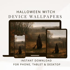 Könnte beinhalten: Digitale Hintergrundbilder für Geräte mit einer Halloween-Hexe in einem dunklen Umhang, die einen Besen in einer herbstlichen Landschaft hält. Der Text lautet HALLOWEEN WITCH DEVICE WALLPAPERS und INSTANT DOWNLOAD FOR PHONE, TABLET & DESKTOP.