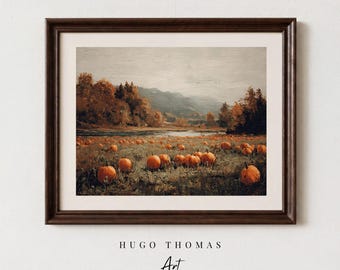 Pumpkin Patch Fall Wall Art, Vintage Painting Downloadable Prints, Fall Landscape Art for Autumn Decor, Digital Download