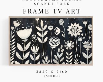 Art for Frame TV Art Black & White Floral Scandi Folk Art, Dark Flower Painting, Scandinavian Folk Art Botanical Samsung Frame TV Art