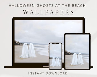Laptop and Desktop Wallpaper Halloween Ghosts Coastal Art, Spooky iPhone Wallpaper, iPad Wallpaper, Digital Device Background Bundle
