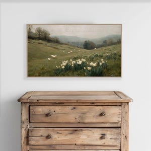 Frame TV Art Spring Landscape with Daffodil Flowers and Sheep, Vintage Painting for the Samsung Frame, Digital Downloadable