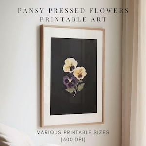 Pressed Flower Art Printable, Dark Floral Wall Art Pressed Flowers Print, Vintage Dark Botanical Art, Pansy Flowers Dark Cottagecore Art