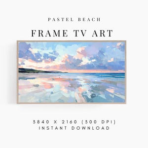 Puede incluir: Una pintura digital de una escena de playa pastel con un cielo azul claro, nubes rosadas y un océano tranquilo que refleja el cielo. El texto "PASTEL BEACH FRAME TV ART" está en la parte superior de la imagen y el texto "3840 x 2160 (300 DPI) INSTANT DOWNLOAD" está en la parte inferior.
