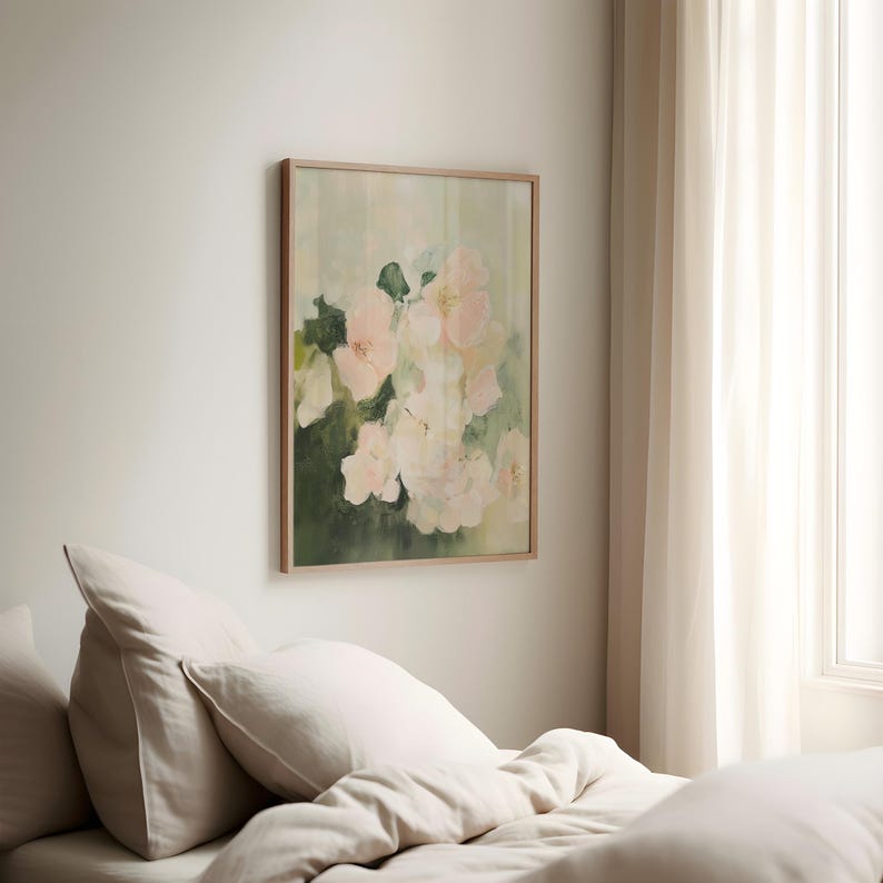 Sage Green Wall Art, Printable Spring Wall Art, Pastel Pink Flowers Painting, Floral Digital Downloadable Art