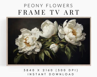 Vita pionblommor Ram TV-konst, mörk stämningsfull målning för Samsung Frame, nedladdningsbar konst