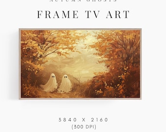 May include: Two white ghosts walk through a forest with golden leaves. The scene is painted in a warm, autumnal palette. The text "AUTUMN GHOSTS FRAME TV ART" is at the top of the image. The image is 3840 x 2160 pixels at 300 DPI.