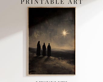 May include: A printable art print featuring a painting of three figures in silhouette walking towards a bright star in the night sky. The text "THE 3 WISE MEN PRINTABLE ART" is at the top of the image.