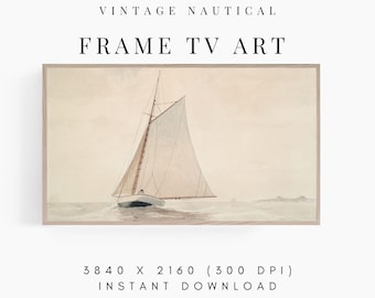 Cuadro decorativo de velero costero para TV, arte náutico vintage original para marco Samsung.