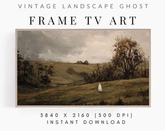 Frame TV Art Halloween Landscape Painting with Ghost for the Samsung frame, Cute Ghost TV Art, Vintage Halloween Decor