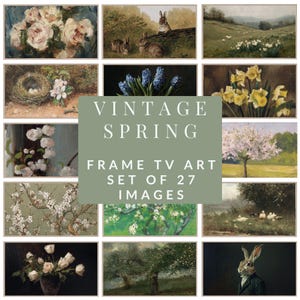 May include: A set of 27 framed vintage art prints with a spring theme. The images feature floral still lifes, landscapes with rabbits and daffodils, and a rabbit in a suit. The central image reads "VINTAGE SPRING FRAME TV ART SET OF 27 IMAGES."