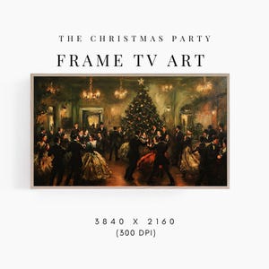 May include: A painting depicting a Christmas party scene with people dancing in a large room decorated with a Christmas tree and festive lights. The painting is in a frame and has a resolution of 3840 x 2160 pixels at 300 DPI.