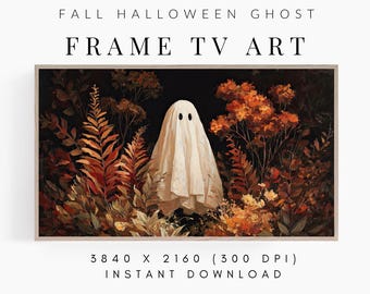 Halloween Frame TV Artwork Ghost in Autumn Leaves Painting, Fall Art for Samsung Frame TV, Digital Downloadable 16:9