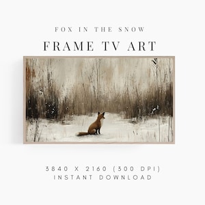 Puede incluir: Una pintura digital de un zorro sentado en un campo nevado. El zorro está mirando hacia la derecha y tiene un pelaje marrón y blanco. El fondo es un paisaje borroso de árboles y nieve. El texto "FOX IN THE SNOW FRAME TV ART" está en la parte superior de la imagen. El texto "3840 X 2160 (300 DPI) INSTANT DOWNLOAD" está en la parte inferior de la imagen.