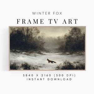 Puede incluir: Una impresión artística digital enmarcada titulada "Winter Fox". La obra de arte representa un paisaje invernal con un zorro en un campo nevado. La imagen tiene una paleta de colores apagados y una estética vintage. El texto "FRAME TV ART" es visible.