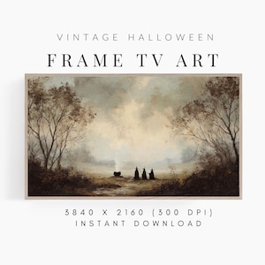 May include: Vintage Halloween Frame TV Art. A digital download featuring a landscape painting with a muted color palette. The artwork depicts three figures in black cloaks near a cauldron, with bare trees and a misty sky. The text reads "VINTAGE HALLOWEEN FRAME TV ART".