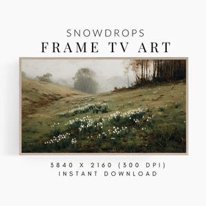 Op de afbeelding: Een ingelijste kunstdruk getiteld "Snowdrops Frame TV Art". Het kunstwerk toont een mistige weide met witte bloemen, glooiende heuvels en bomen. Het kleurenpalet omvat groen, bruin en wit, waardoor een serene en natuurlijke scène ontstaat.