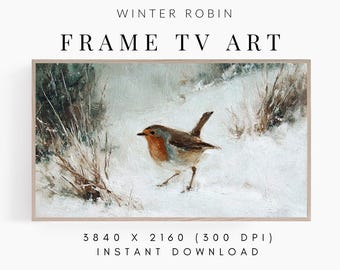 May include: A framed digital art print titled "Winter Robin." The artwork shows a robin in a snowy landscape with muted colours. The text "FRAME TV ART" is displayed above the image. The resolution is 3840 x 2160 (300 DPI).
