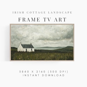 May include: A framed digital print of an Irish cottage landscape. The artwork features a white cottage with a dark roof set against a backdrop of green fields, a lake, and a cloudy sky. The text "IRISH COTTAGE LANDSCAPE" and "FRAME TV ART" are displayed at the top.