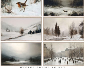 May include: Set of six framed winter landscape art prints. The prints depict snowy scenes with a robin, a fox, mountains, and cityscapes. The artwork is in muted tones of white, gray, and brown, creating a vintage aesthetic. The text "WINTER FRAME TV ART SET OF 6" is at the bottom.