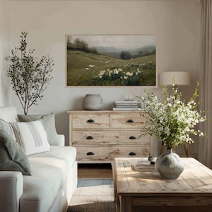 Frame TV Art Spring Landscape with Daffodil Flowers and Sheep, Vintage Painting for the Samsung Frame, Digital Downloadable
