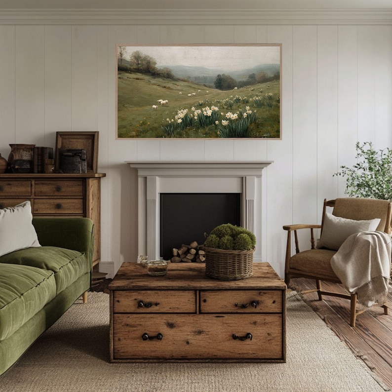 Frame TV Art Spring Landscape with Daffodil Flowers and Sheep, Vintage Painting for the Samsung Frame, Digital Downloadable