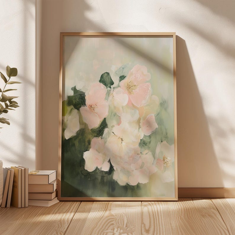 Sage Green Wall Art, PRINTABLE Wall Art Sage Green Pastel Pink Flowers Painting, Floral Wall Art, Pastel Flowers Digital Downloadable Art