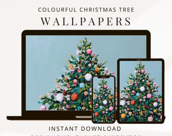 May include: A colorful Christmas tree wallpaper design displayed on a laptop, tablet, and phone. The tree is decorated with pink, orange, and white ornaments. The text reads "COLOURFUL CHRISTMAS TREE WALLPAPERS" and "INSTANT DOWNLOAD FOR PHONE, TABLET & DESKTOP."