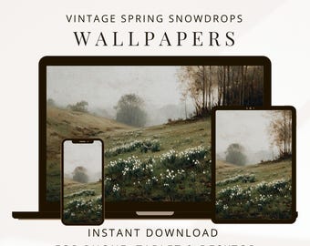 Laptop and Desktop Wallpaper Spring Snowdrops Vintage Art Painting, iPhone Wallpaper, iPad Screensaver, Digital Background Bundle