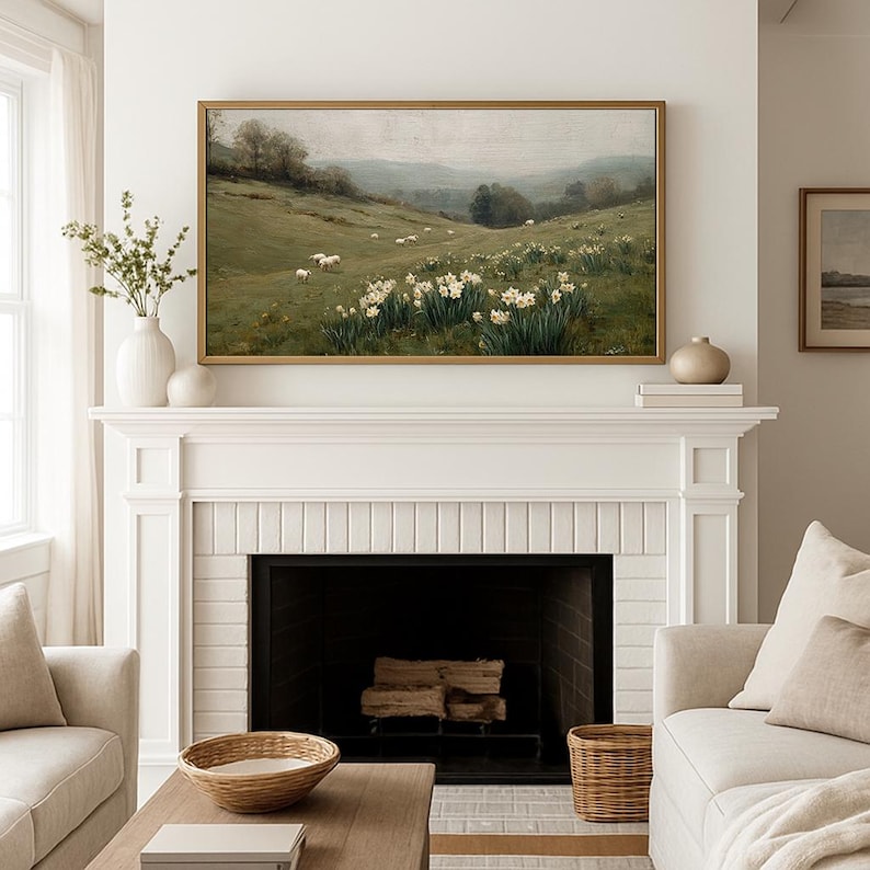 Frame TV Art Spring Landscape with Daffodil Flowers and Sheep, Vintage Painting for the Samsung Frame, Digital Downloadable
