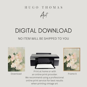 May include: Digital download of a vintage floral painting. The image shows a close-up of a bouquet of white and pink flowers with a green background. The text "Download" is below the image. The text "Print at home or with an online print provider. We recommend using a professional online print service for best results when printing vintage art" is below the image. The text "Frame it" is below the image of a framed version of the painting.