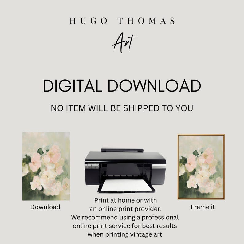 May include: Digital download of a vintage floral painting. The image shows a close-up of a bouquet of white and pink flowers with a green background. The text "Download" is below the image. The text "Print at home or with an online print provider. We recommend using a professional online print service for best results when printing vintage art" is below the image. The text "Frame it" is below the image of a framed version of the painting.