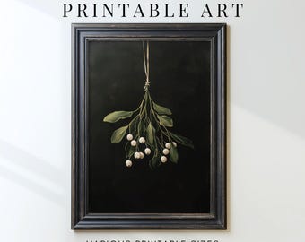 Maretak vintage kerstprint, humeurige wintermuurkunst, digitale downloadbare afdrukbare