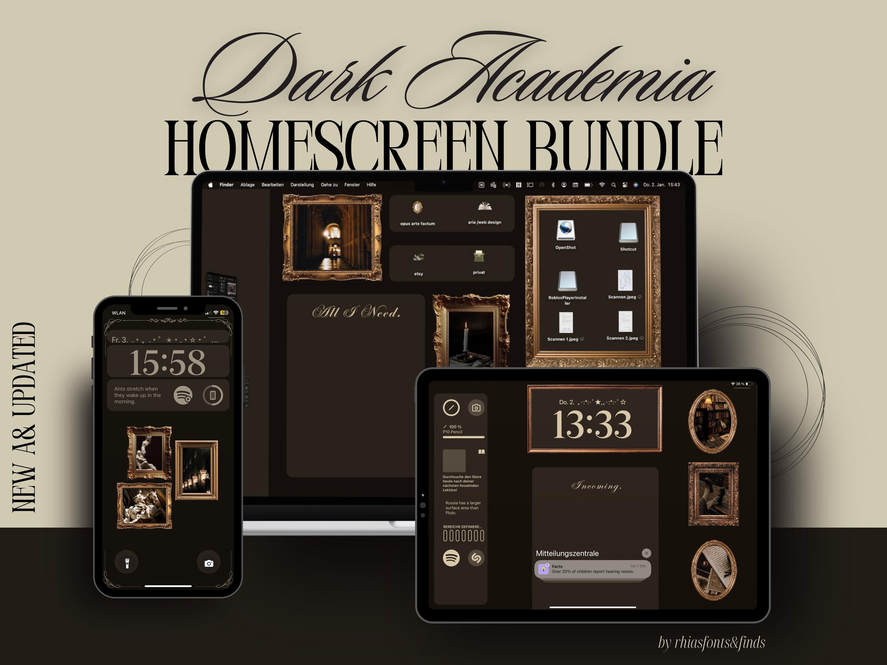 NEW All in one Dark Academia Homescreen Bundle for iPhone, iPad and Macbook with Icons, Widgets and Wallpapers