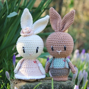 Puede incluir: Dos muñecas de conejo de crochet, una blanca con un vestido rosa y una flor rosa en la cabeza, y otra marrón con una camisa azul y pantalones marrones. Ambos conejos tienen ojos negros y una nariz rosa.