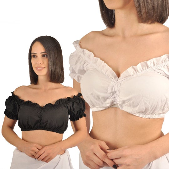 Dirndl Crop Blouse: White Folk Puffy Sleeve Top