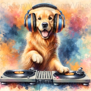 Dog Wall Art Printable DJ Golden Retriever Dog on Turntables Watercolor Art Digital Download for DJ & Music Fan Gift Music Room Puppy Decor