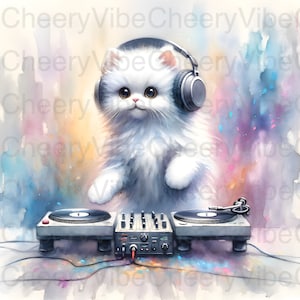 Cat Wall Art Printable DJ Cat White Kitten on Turntables Watercolor Digital Download for DJ & Music Fan Music Room Decor Kitty Lover Gift