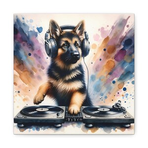 German Shepherd Dog Wall Art Retro DJ German Shepherd on Turntables Watercolor Canvas for DJ Puppy Vintage Music Room Decor Pup Lover Gift