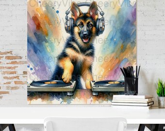 Dog Wall Art Printable DJ German Shepherd on Turntables Watercolor