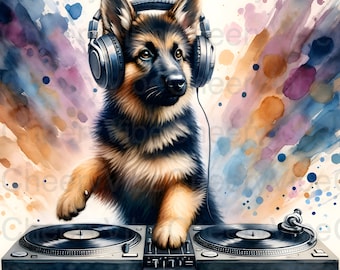 Dog Wall Art Printable DJ German Shepherd on Turntables Watercolor