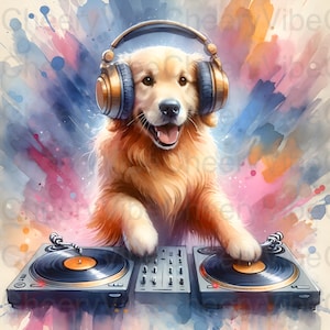 Dog Wall Art Printable DJ Golden Retriever on Turntables Watercolor Digital Download for DJ & Music Fan Gift Music Room Decor Dog Lover Gift