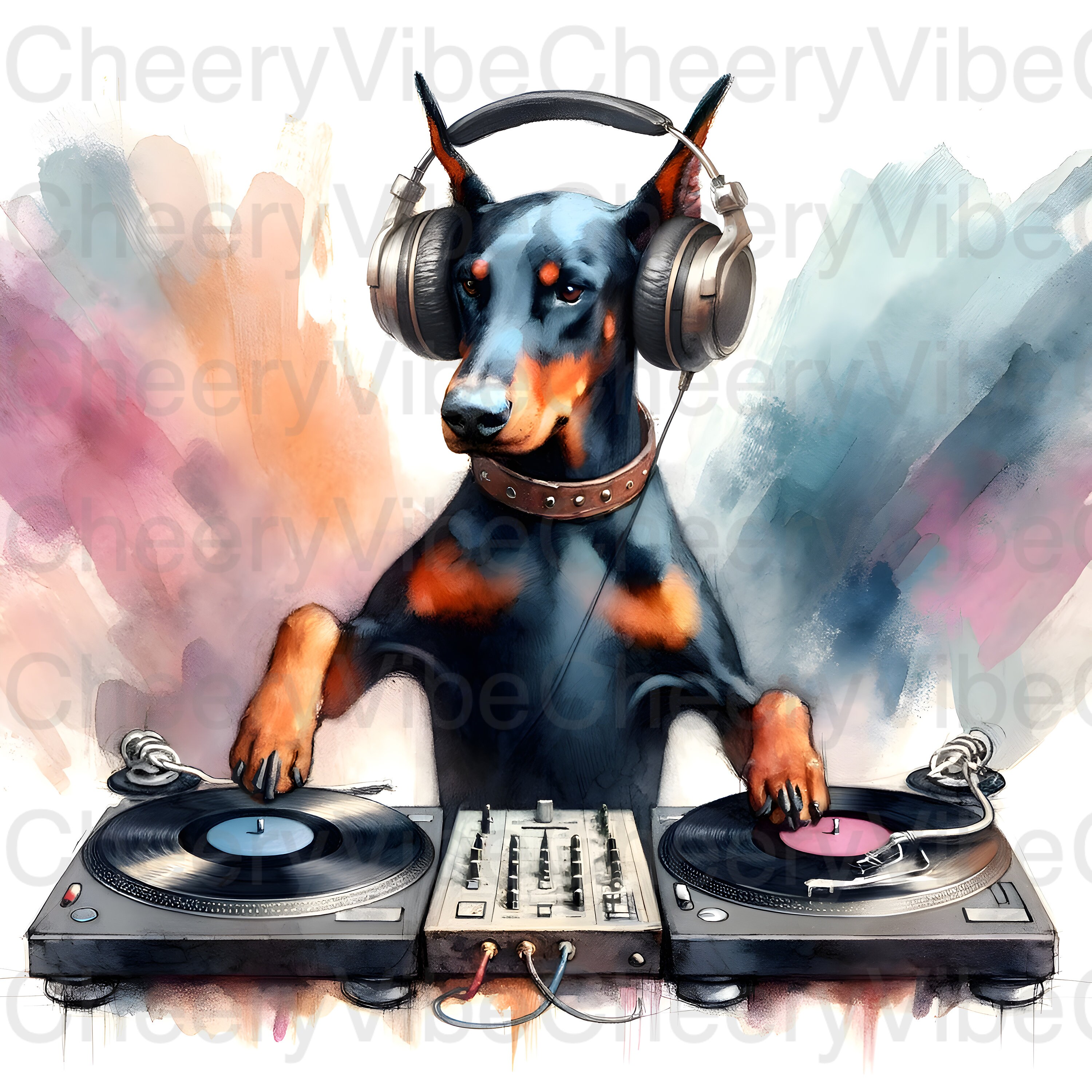 Hund Wand Kunst druckbare DJ Dobermann Pinscher auf Turntables Aquarell  Digital Download für DJ \u0026 Musik Fan Geschenk Musik Raum Dekor Hundeliebhaber, image size:3000x3000