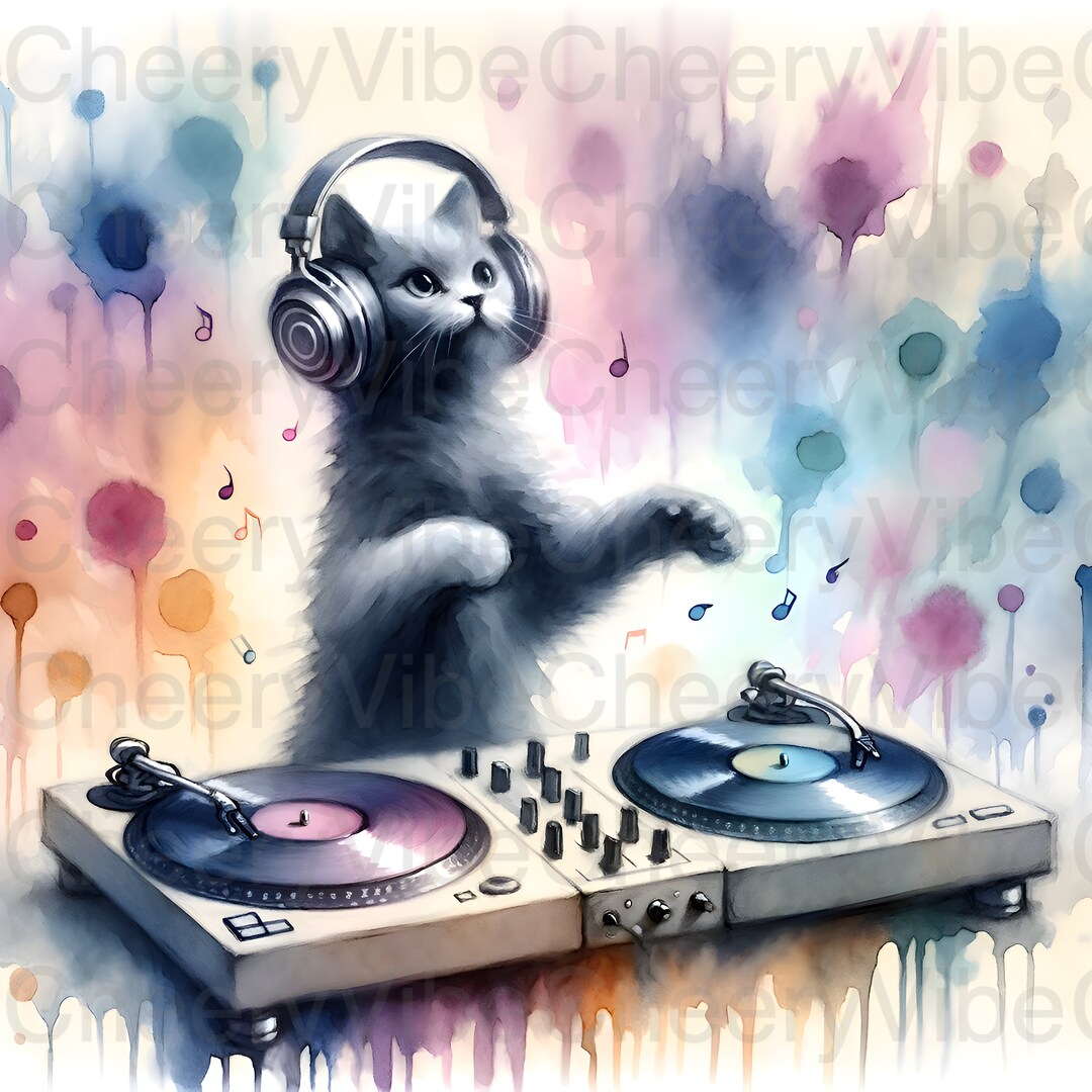 Cat Using A Turntable Cat Wall Art Printable DJ Cat Gray Cat on Turntables Watercolor Digital ...