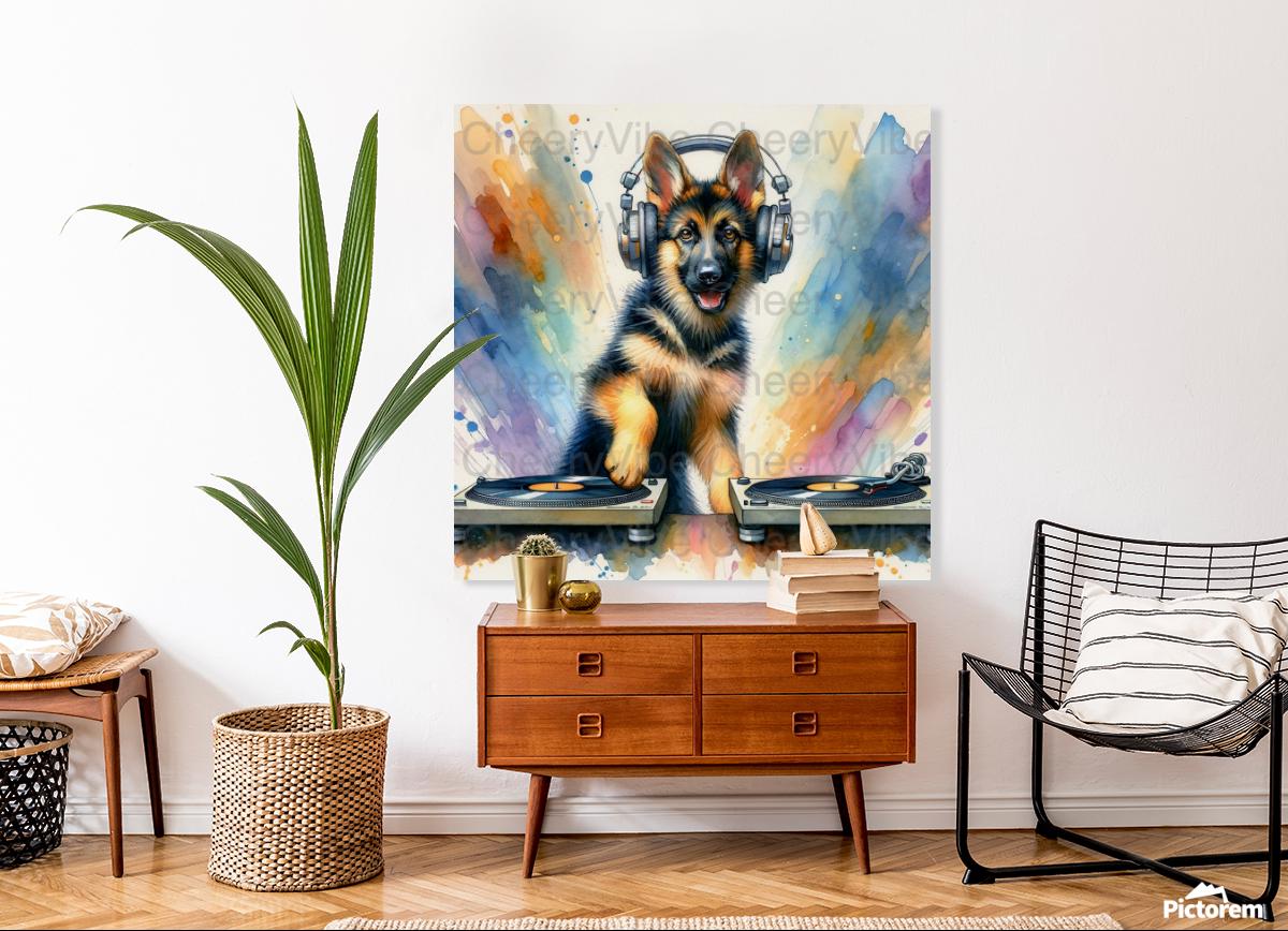 Dog Wall Art Printable DJ German Shepherd on Turntables Watercolor