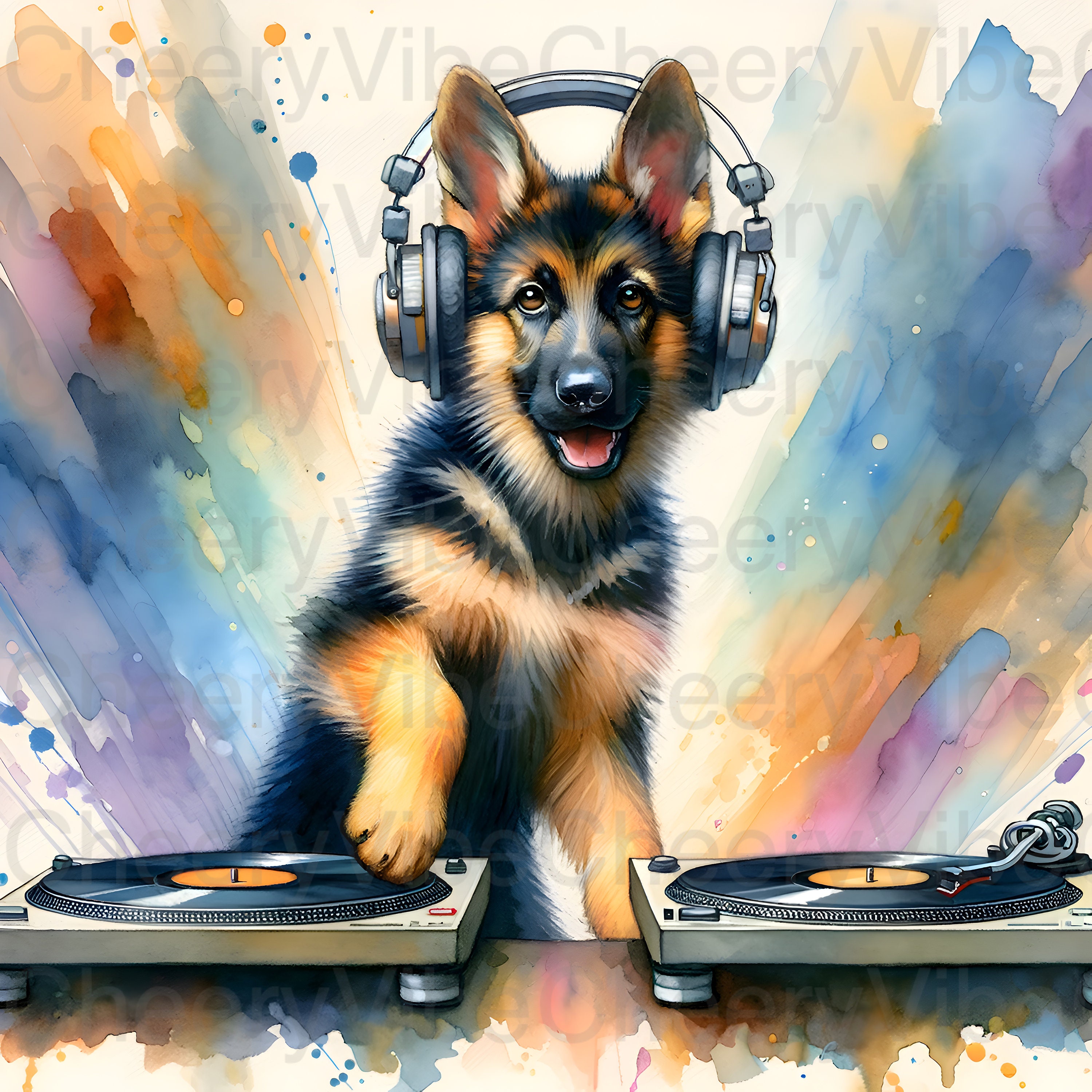 Dog Wall Art Printable DJ German Shepherd on Turntables Watercolor