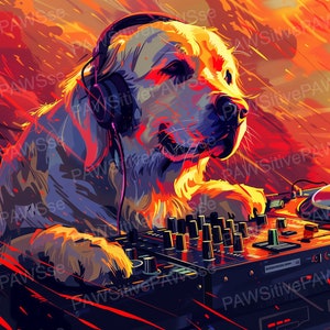 Dog Wall Art Printable DJ Golden Retriever on Turntables Pop Art Digital Download for DJs & Music Fan Gift Music Room Decor Dog Lover Gift