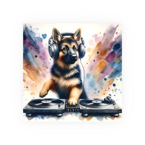 German Shepherd Dog Wall Art Retro DJ German Shepherd on Turntables Watercolor Poster for DJ Puppy Vintage Music Room Decor Pup Lover Gift