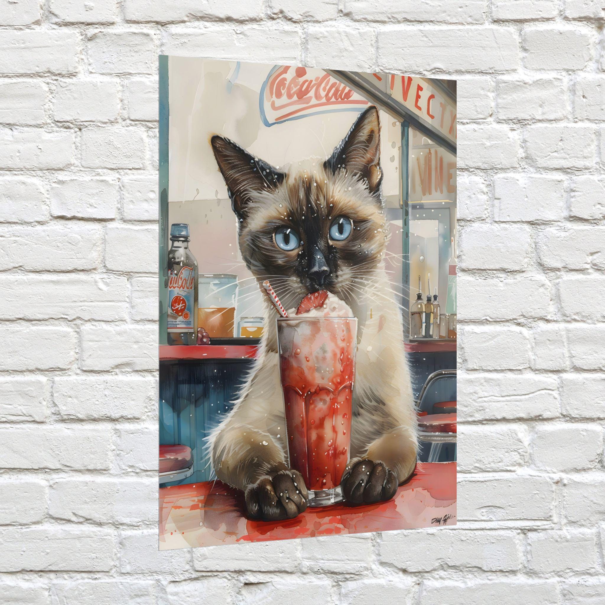 シャム猫　水彩画　アート　壁掛けアート　猫　猫アート シャム猫の壁アート レトロなシャム猫とソーダフロート 水彩画ポスター