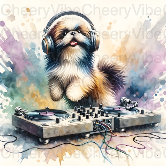 Dog Wall Art Printable DJ Shih Tzu on Turntables Watercolor