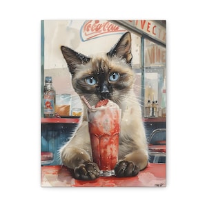 Siamese Cat Wall Art Retro Siamese Cat with Soda Float Watercolor Canvas Kitty Soda Fountain Vintage Style Home Decor Pet Kitten Lover Gift